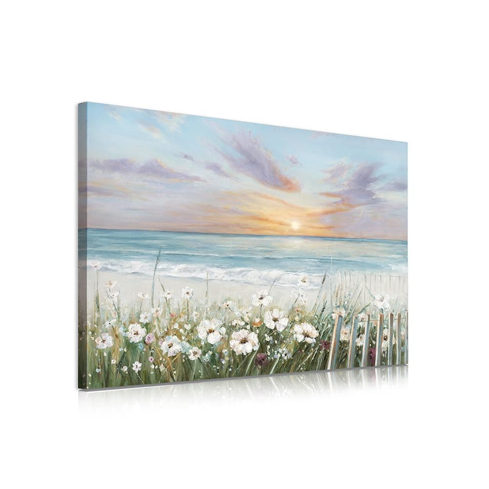 XMYATELi Sunrise Ocean Wall Art with Wildflowers Canvas Picture 30x40 Cm Framed Beach Picture for Bathroom Bedroom Wall Decor Blue Seascape Painting