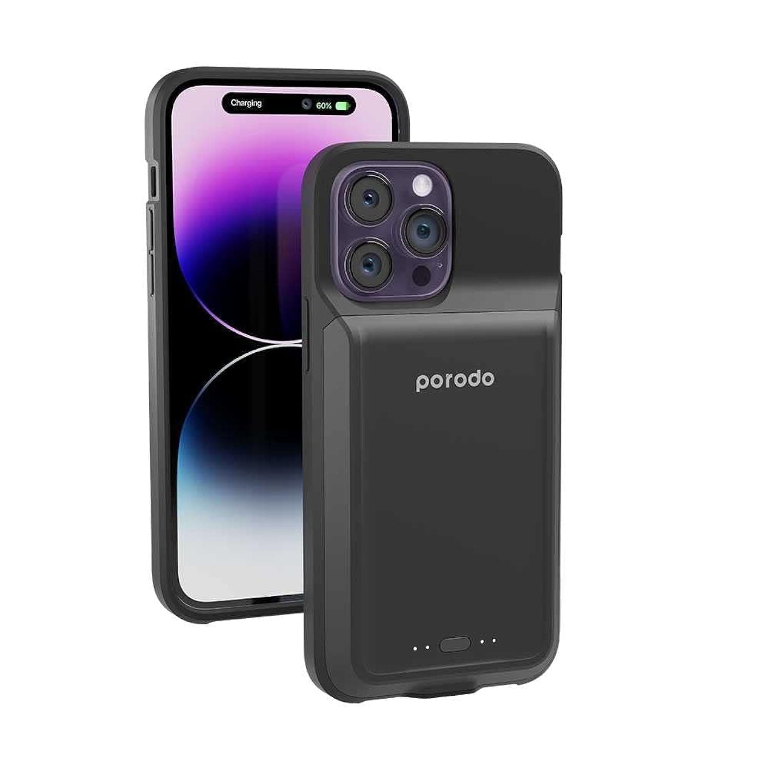 Porodo Wireless Charging Battery Case 5000mAh for iPhone 14 Pro - Black