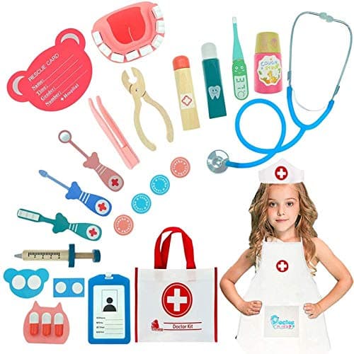 Trsmima Wooden Doctor Kits for Kids,Pretend-n-Play Dentist Kit, Boys & Girls 3 Years Old & Up, Medical Doctor Set with Realistic Stethoscope for Kids and Doctor Roleplay Costume