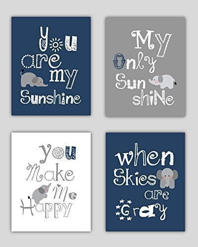 Elephant Art, You are my sunshine Navy Blue and Gray Art Prints, Navy Nursery Decor, Navy Blue Nursery Wall Art, 4-8x10 PRINTS ONLY, Unframed. (NOT CANVAS)