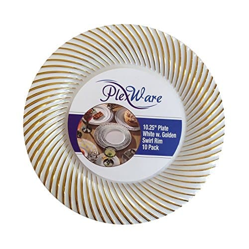 PlexWare 10.25" Swirl Design Golden Rim Premium Quality Heavyweight Plastic Plate 10 Pack