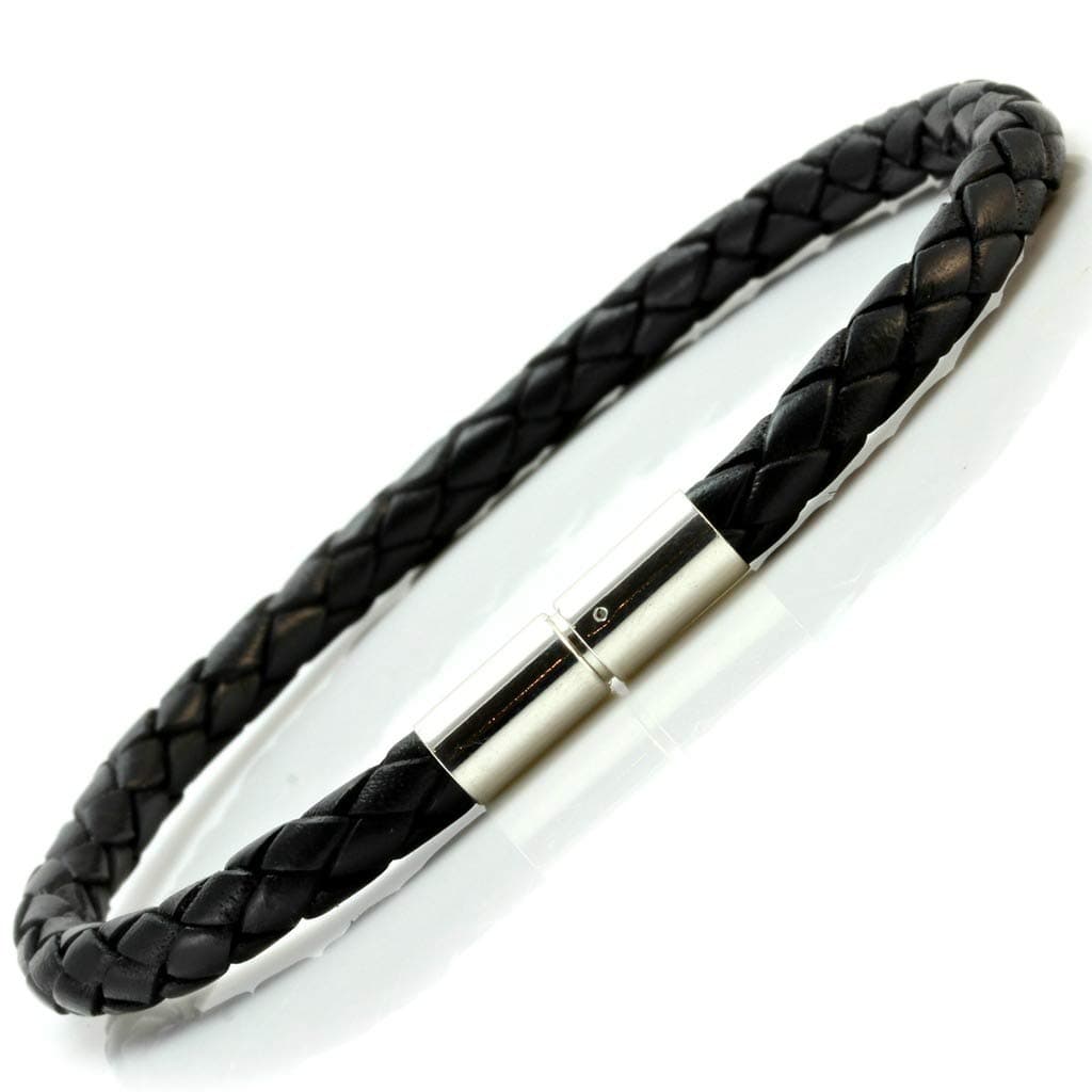 Mens Black Leather Bracelet with Sterling Silver Twist Clasp-5mm Braided Cord 7-9 Inches