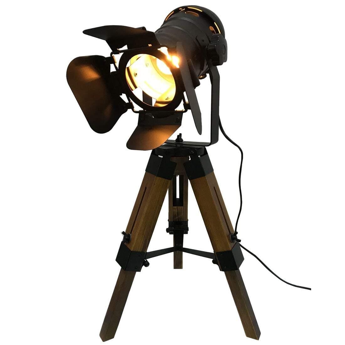 Desk Lamps Adjustable Cinema Table Lamp - Nautical Black Retro Style Tripod Spotlights Searchlights Wooden Tripod Floor Lamp Cinema Movie Props-Not Include E26 Bulbs
