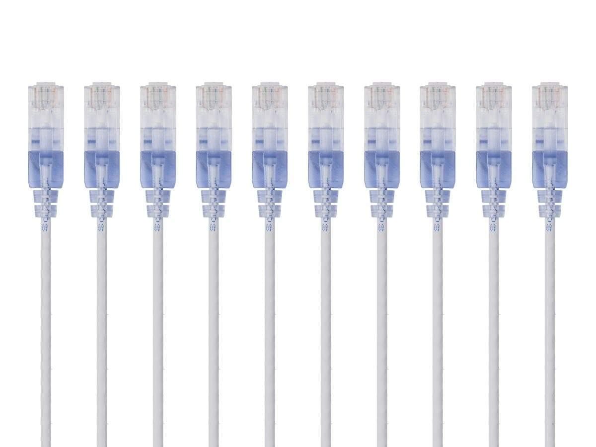 Monopri SlimRun Cat6A Ethernet Patch Cable - Network Internet Cord - RJ45, Strand, 550MHz, UTP, Pure Bare Copper Wire, 10G, 30AWG, 5 Feet, White, 10 Pack