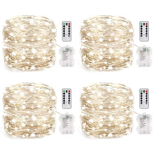 LEDIKON 4 Pack Waterproof LED Fairy Lights Battery Powered,Daylight White,33ft 100 LED Dimmable Outdoor Patio Lights,Fairy String Lights with Remote and Timer for Christmas,Gardern,Party Decor