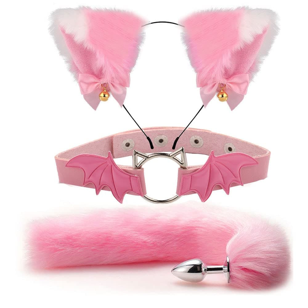 Fox Animal Costume Set Furry Ear Headband Fox Tail Bell Anal Plug-Animal Sexual Anus Bat Leather Choker
