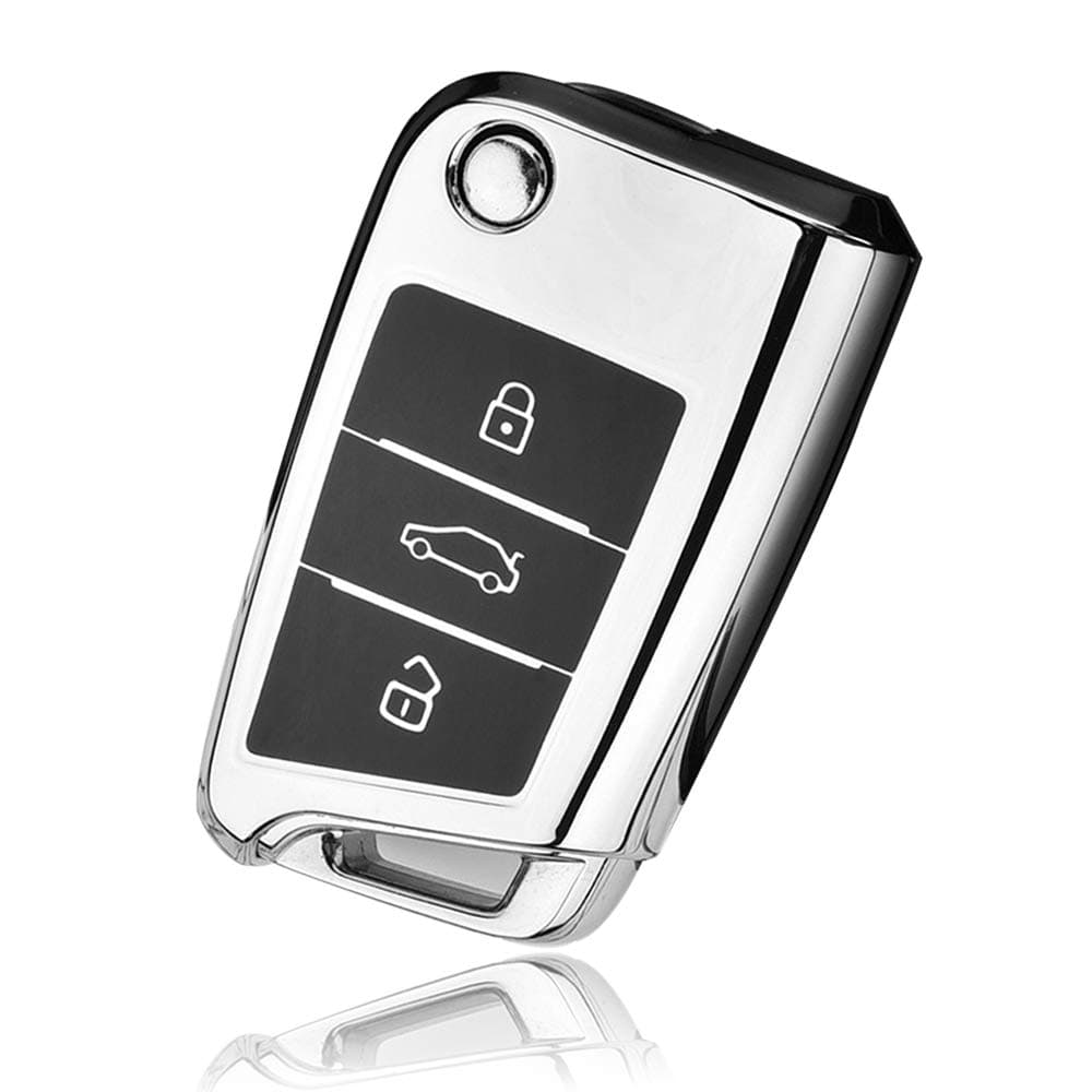 V-W TPU Soft Rubber Car Key Cover, Golf Folding All-Inclusive Key Case, Suitable for Ti-guan L Golf 7 Lavida Ti-guan Sagitar Car 3 Button Soft Key Protector (Silver)