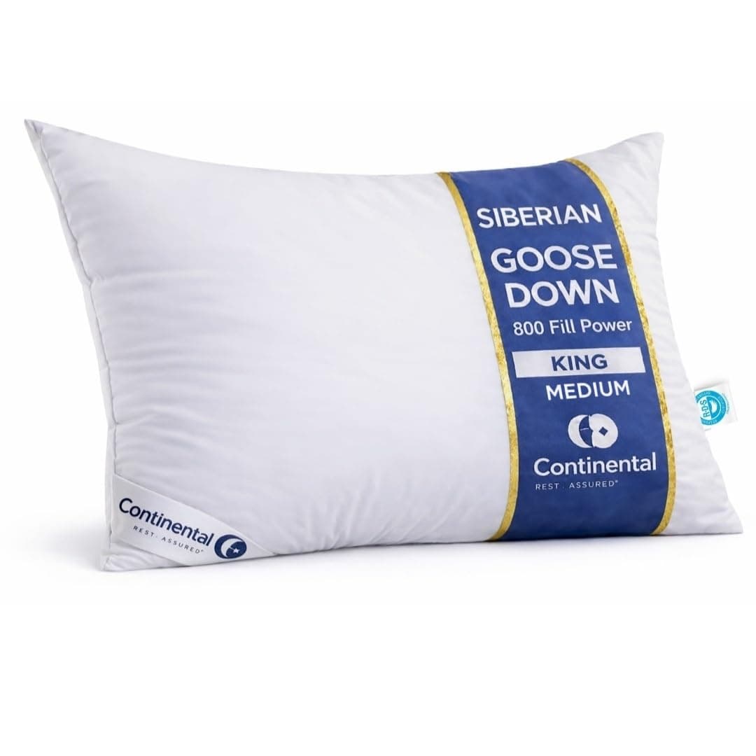 Continental Bedding 100% Siberian Goose Down Pillow with 800 Fill Power, Medium, King, White