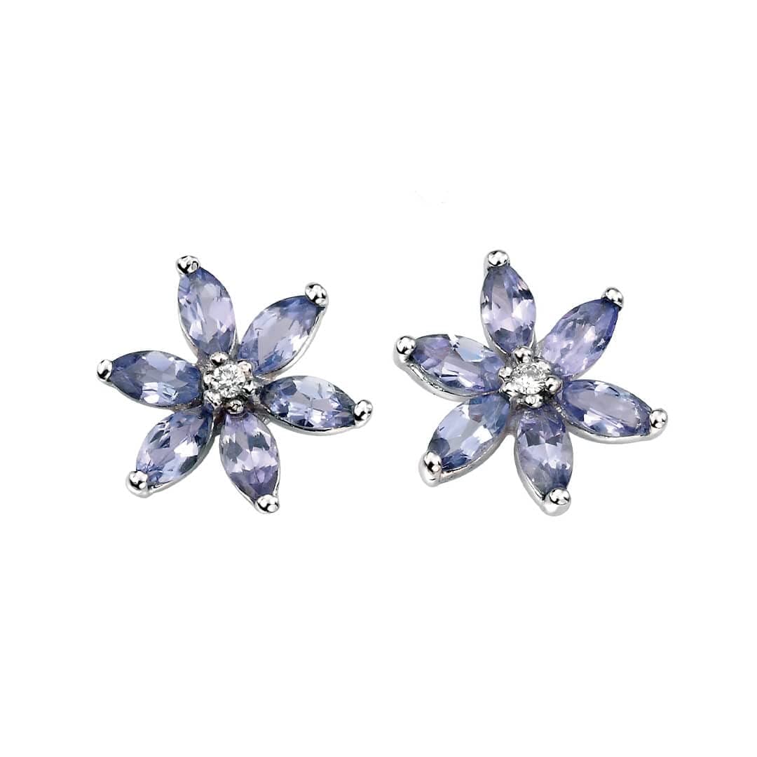 Elements Gold 9ct White Gold Tanzanite and Diamond Flower Stud Earrings