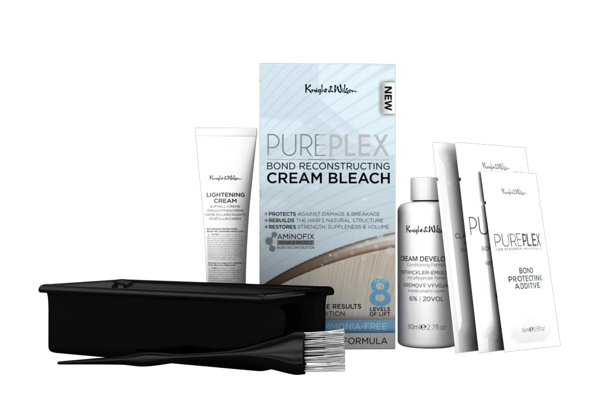 PurePlex Cream Hair Bleach. Powder Free. Bond Reconstructing. Up to 8 of Lift, Protects & Repairs during Lightening. Complete bleaching kit with tint bowl and brush. Ammonia Free.