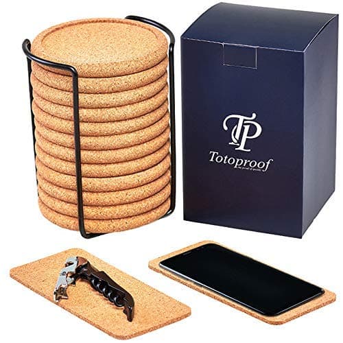 Set of 12pcs Coasters for Drinks Round - 13cm Cork Coasters Holder with 2 Phone Coasters and Wine Bottle Opener - Wood Protection Drink Coasters