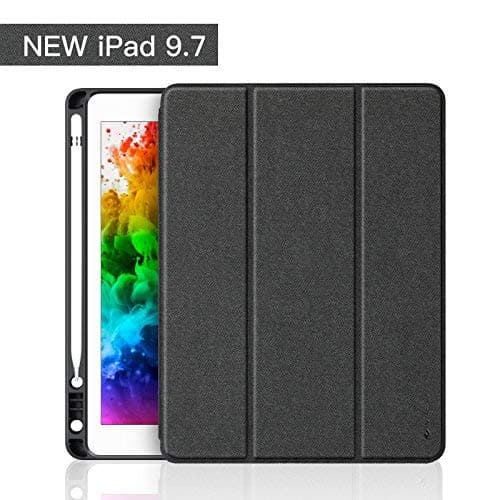 iVAPO iPad 9.7 Case Pencil Holder Adapter Slot Smart Cover for iPad 9.7 inch 2018/2017 Auto Sleep Wake Typing Viewing Tri-fold Stand PU Leather Case for iPad Gen 5th 6th Black Denim Leather