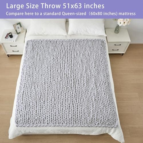 Bigacogo Chunky Knit Throw Blanket for Couch, 51x63 inches, 100% Hand Knitted with Thick Jumbo Chenille Yarn, Cozy Soft Large Rope Knot Cable Crochet Blankets for Sofa Bed Living Room, Light Grey