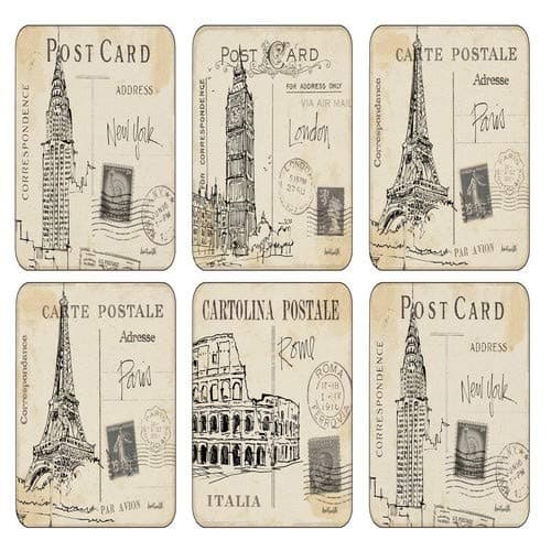 Pimpernel Postcard Sketches Coasters, Set of 4 – (4" x 4") Vintage Travel Art with Iconic Cities New York, London, Paris & Rome, Cork-Backed Board, Heat & Stain Resistant Finish for Dining & Table