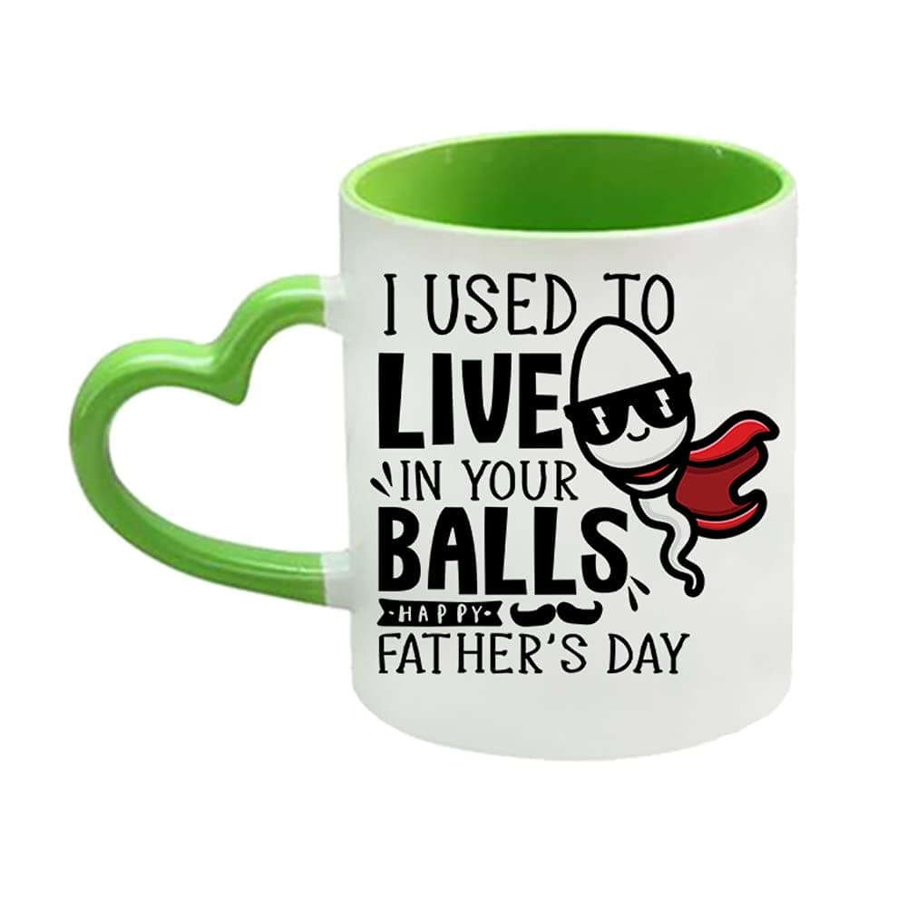 Fathers Day Gift I Used to Live in Your Ball Funny Making Him Burst Out Laughing Gift Birthday Secret Santa Novelty Mug, Unique Ceramic Heart Handle Mug. (Green)