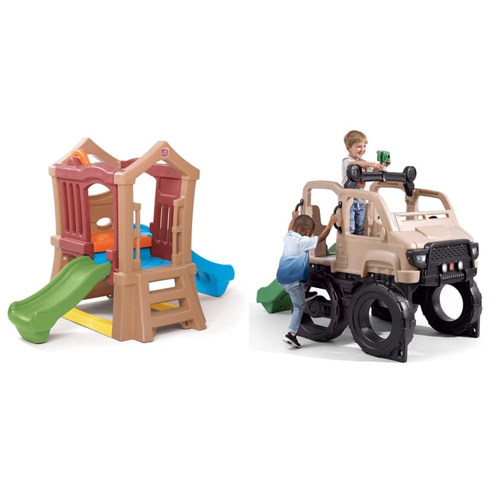 Step2 Play Up Double Slide Kids Climber & Safari Truck Climber | Large Outdoor Kids Climber Playset, Brown