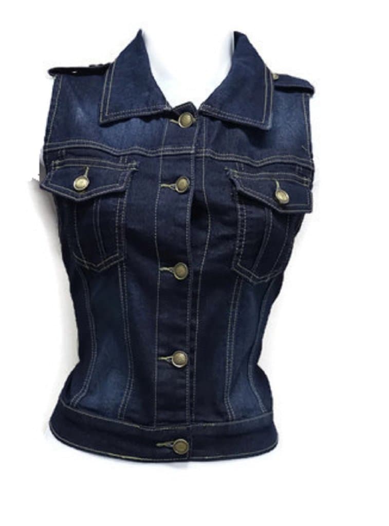 Sleeveless Stretch Denim Cardigan Vest Tops with Epaulet Shoulder Size Small