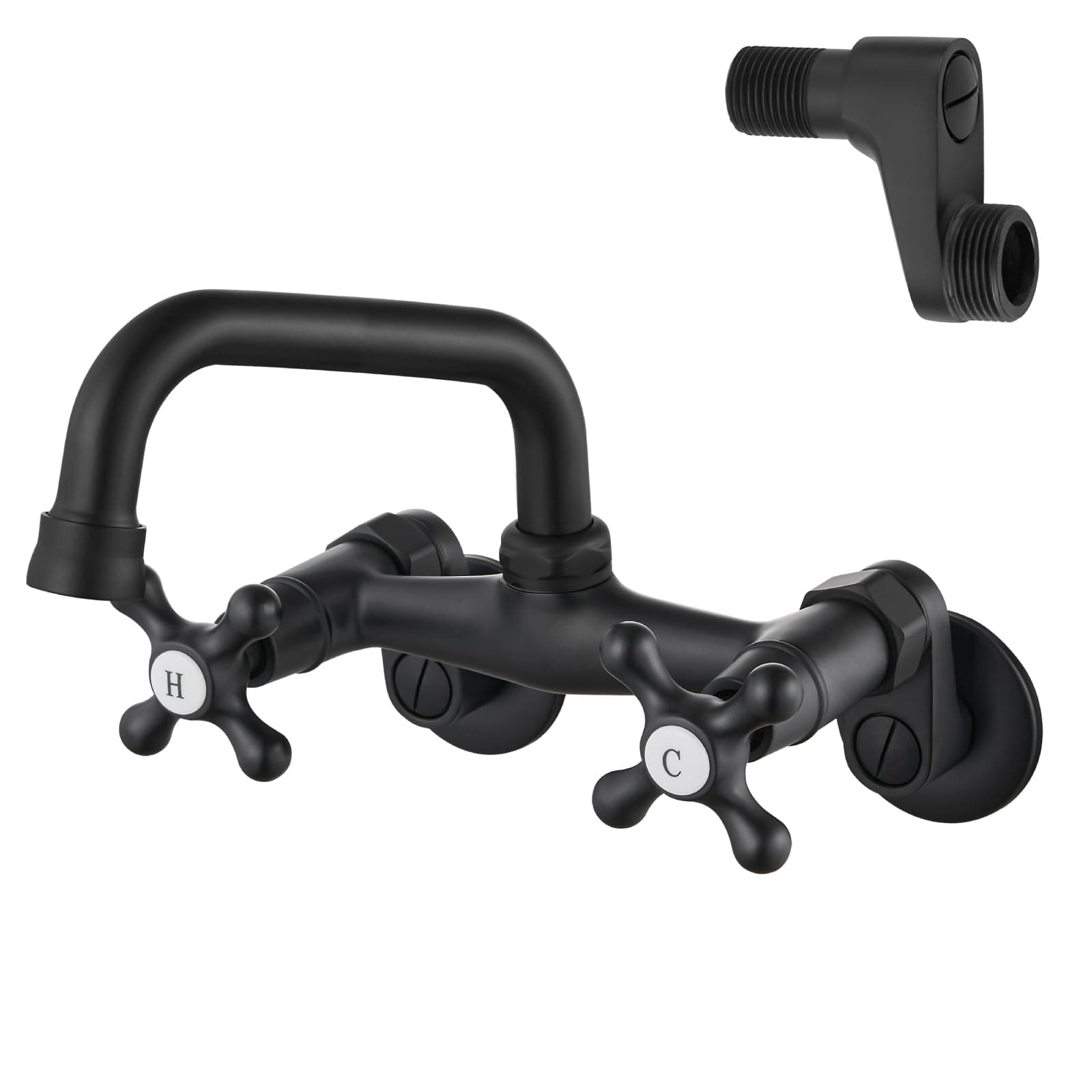 Airuida Matte Black Wall Mount Kitchen Faucet, 6 Inch(15cm) Spout Wall Mount Laundry Sink Faucet, Adjustable Center Double Handles Hot and Cold Water Mixer Tap 360 Rotatable Restaurant Faucet