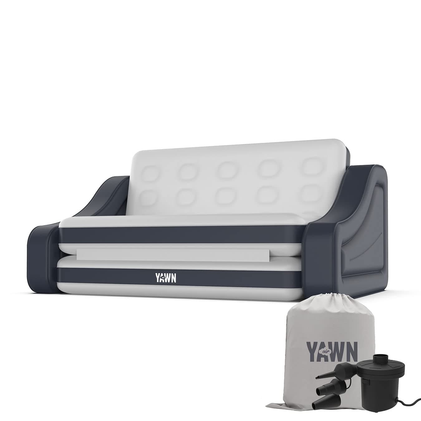 YAWN AIR Inflatable Sofa Bed with Electric Pump - Converts into a Double Bed Mattress - Integrated Headboard & Anti-Roll Arms - Great for Camping - 250kg Max Weight - Bonus Storage Bag Included