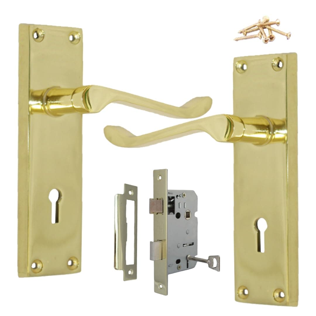 Door Handle Sets, Victorian Scroll Brass Door Handles with Lock and Key, Bedroom Door Handle with Lock, External Door Lock and Handle Set with 3 Lever Door Lock with Keys