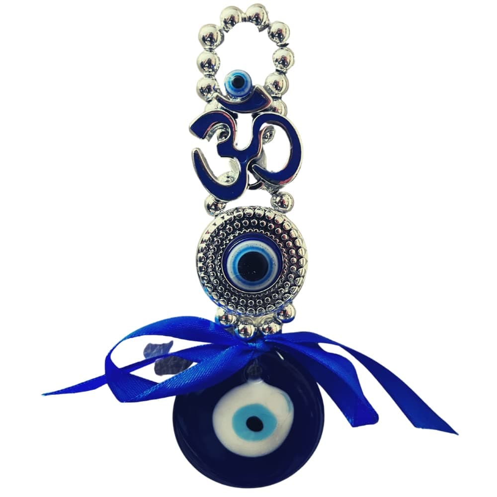 GJ OM Evil Eye Hanging for Home & Car | for Good Luck & Prosperity - Blue & Silver Glass Nazar Battu Car Hanging Ornament Decorative Gift Item | Positive Energy Decor (Design 2, 7x2x16 cm)