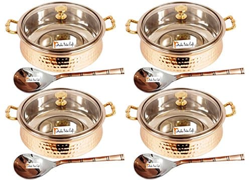 Prisha India Craft Hammered Steel Copper Casserole Donga Glass Lid with Spoon, 250 ML, Set of 4