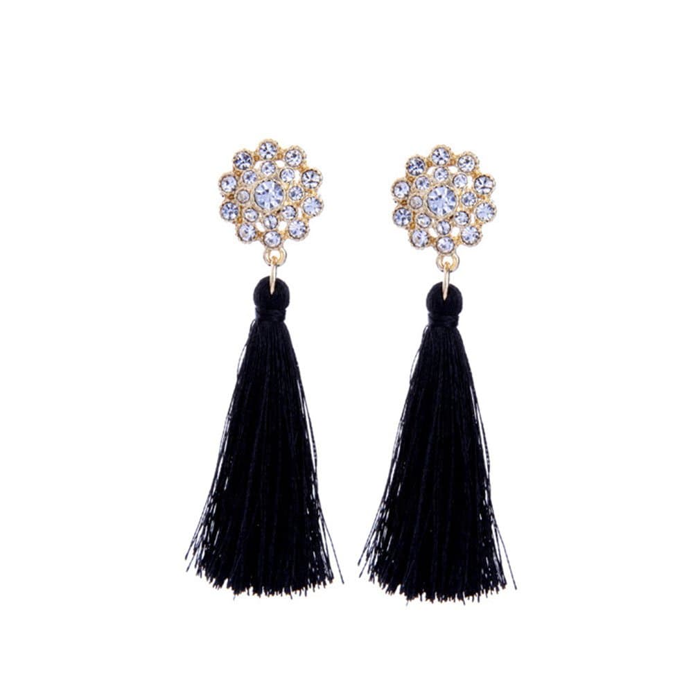 Tengkou Silk Fringe Thread Black Tassel Earrings Bohemia Flower Rhinestone Dangle Earrings for Women