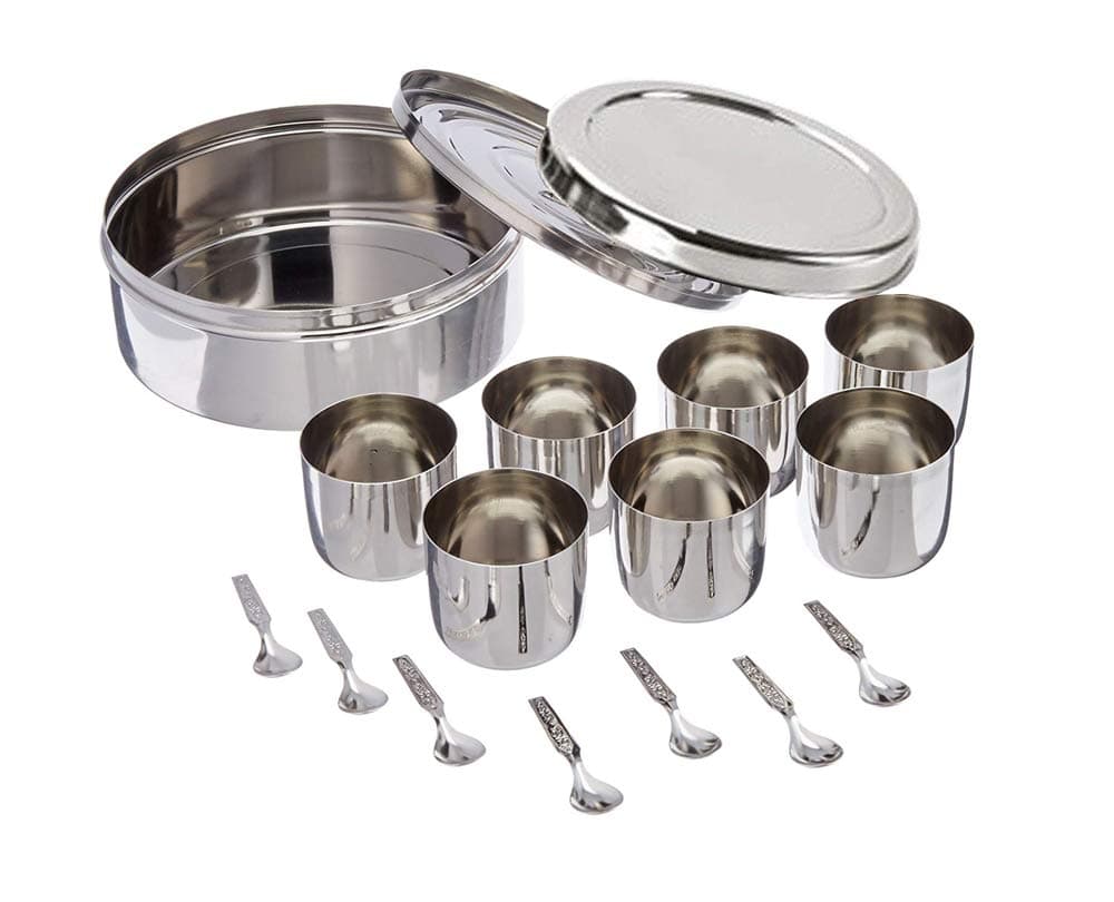 Stainless Steel Spice Box with 7 Spice Containers and 7 Spoon and Double Lid, Size No. 12