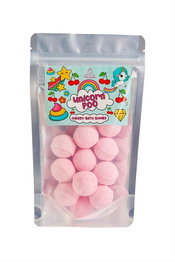 Unicorn Poo Bath Bombs. 12 Peruvian Cherry Scented Mini Bath Bombs. Lasts up to 12 Baths - use as Many or as Few as Needed. Made in The UK. Ideal Unicorn Birthday Gift, Christmas Stocking Filler.