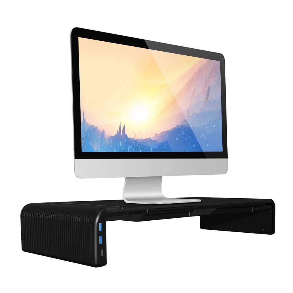 Computer Monitor Stand with Storage Drawer Laptop Printer Shelf Adjustable Width Save Space Stand - Black (2 USB and Tye C Ports for Data Transfer)