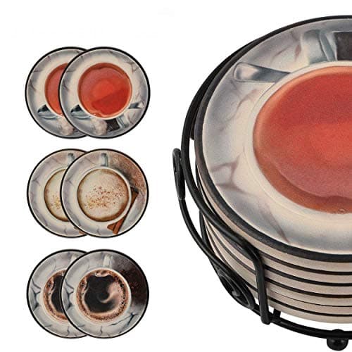 Zepru 6 Piece Set of Coasters - Absorbent Ceramic Drink Mats with Metal Holder & Cork Base - Decorative Coffee, Cappuccino & Tea Tray - Elegant Novelty Beverage Holder - Prevent Furniture Scratching