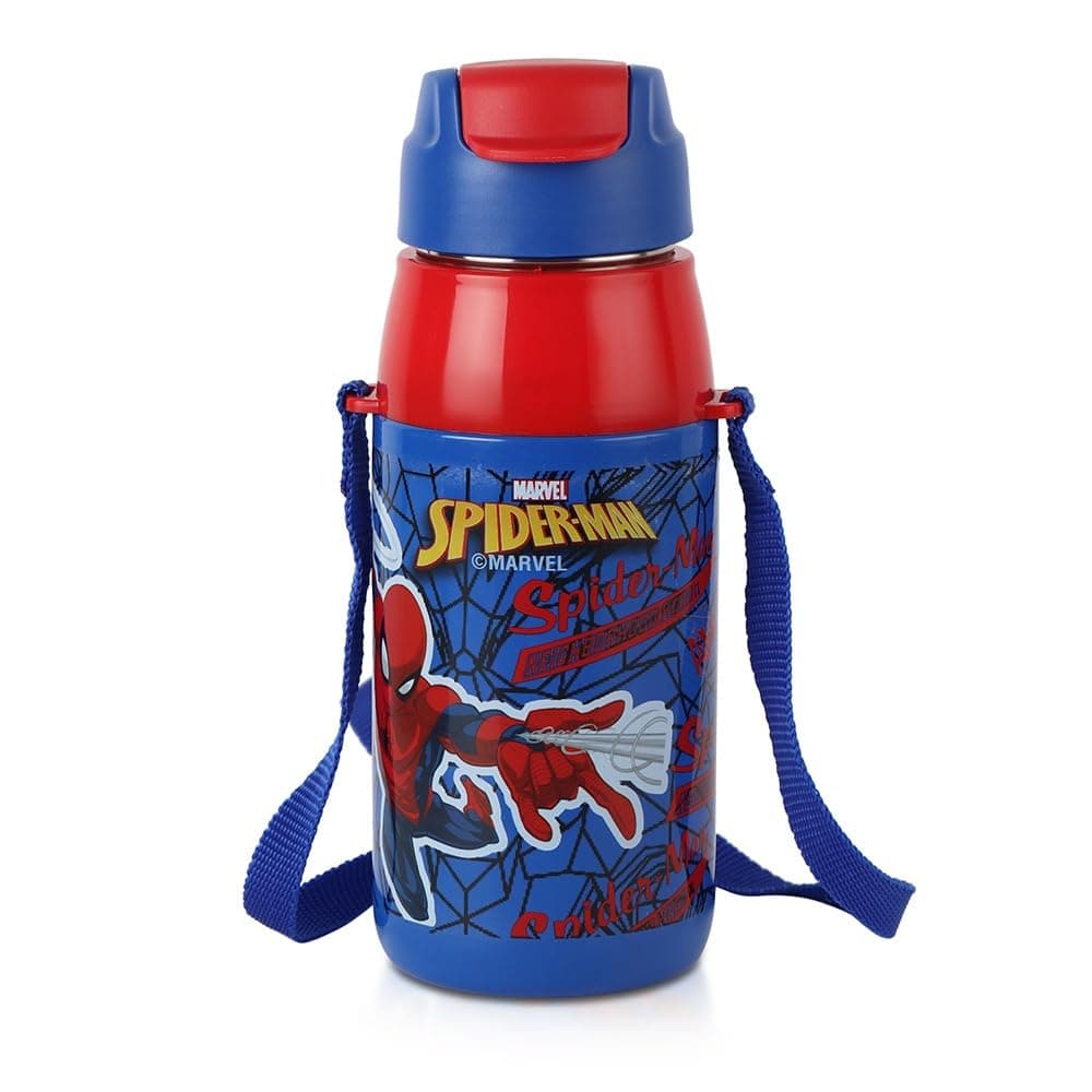 CELLO Puro Steel-X Hydra Kid 600 Inner Steel Insulated Water Bottle 520ml, Blue | Spiderman Design | ISI Certified, Leakproof | Easy to Carry with Loop | Insulated Cold Water Bottle For School
