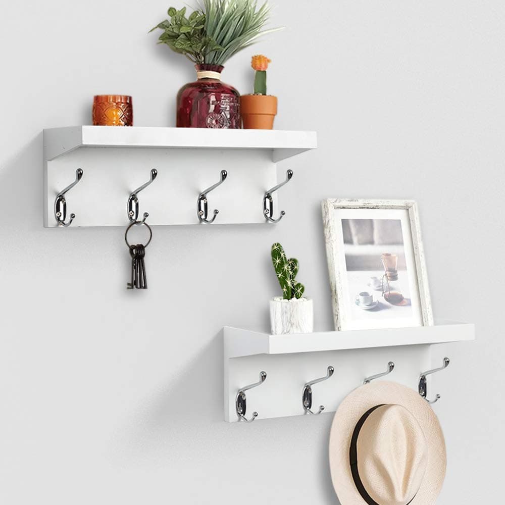 AHDECOR Entryway Floating Wall Mounted Coat Rack, Storage Hanging Shelf with 4 Durable Hangers, White, Set of 2