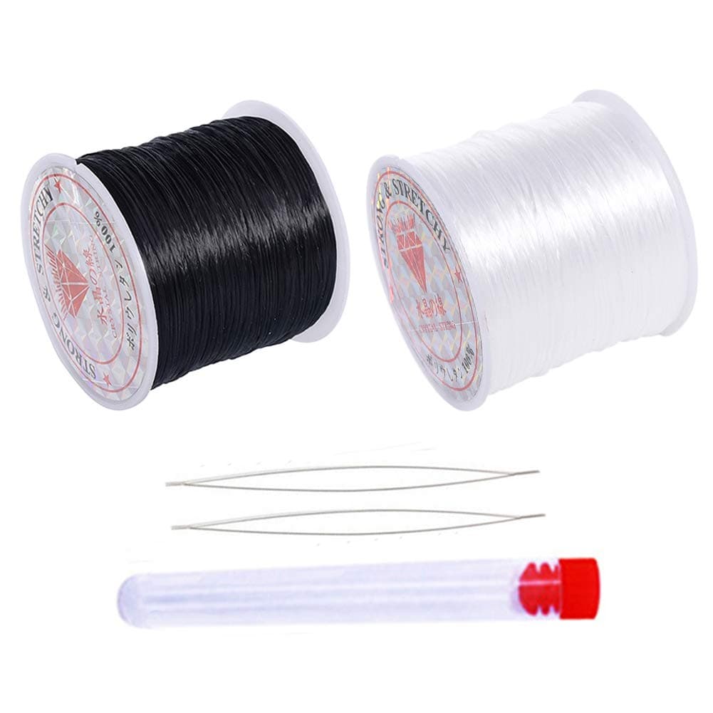 0.8mm Stretchy String for Bracelets 50M Black and 50M White Crystal Elastic Cord for Jewelry Making Elastic String Cord Bead String with 2 Beading Needles for Seed Beads