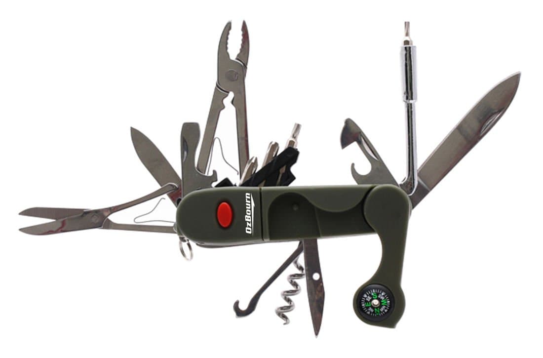 16 Function Folding Pocket Knife with Army Green Rubber Grip, Includes Sturdy Nylon Pouch with Press Snap Clasp