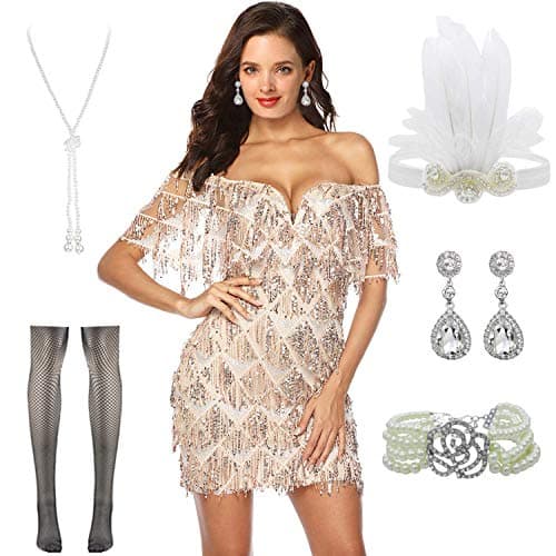 Women Halter V-Neck Sequins Tassel 1920s Flapper Inspired Party Dance Dress with 20s Gatsby Accessories Set