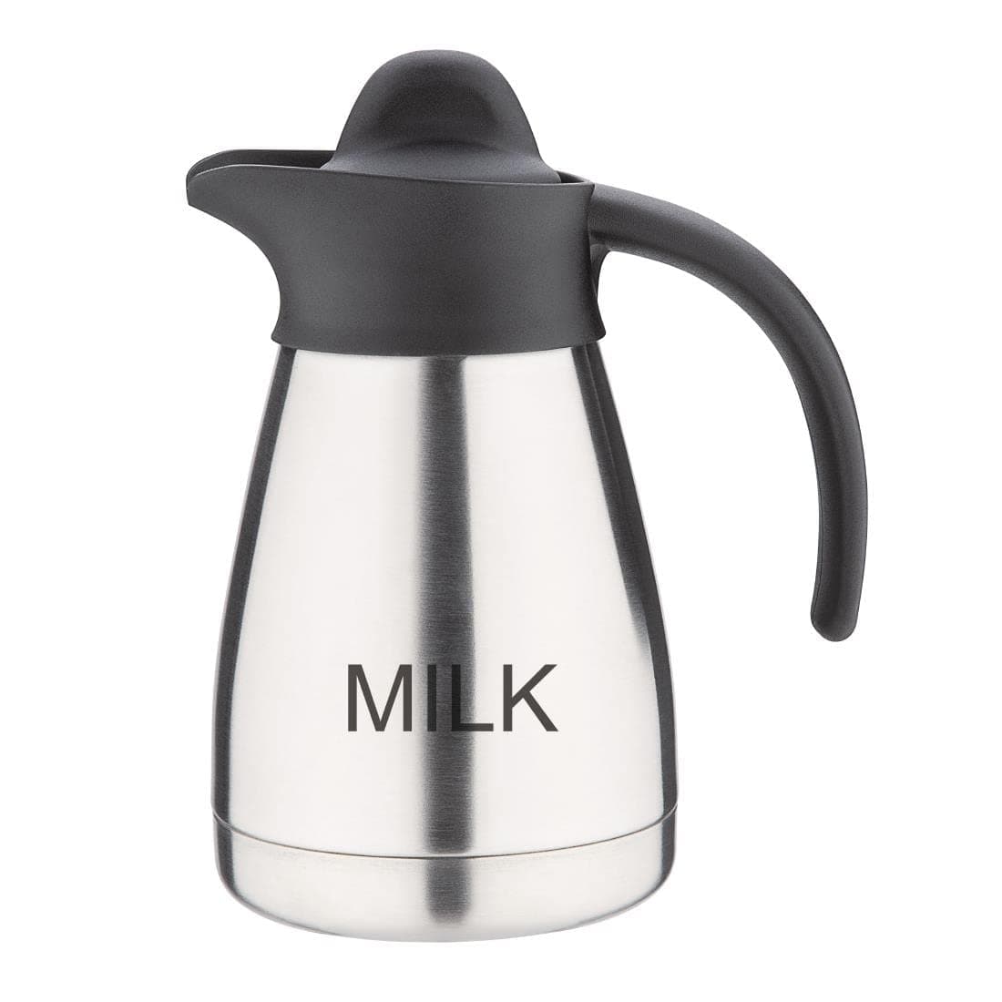 OlympiaVacuum Milk Jug with Screw Top 500ml 17oz Stainless Steel with Black Lid Milk Print Side Buffet Stations for Tea and Coffee CL371