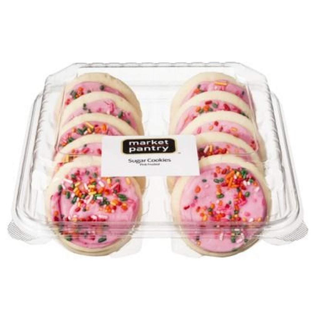 Pink Iced Frosted Sugar Cookies with Multi-Colored Rainbow Sprinkles (10 ct.) by Market Pantry