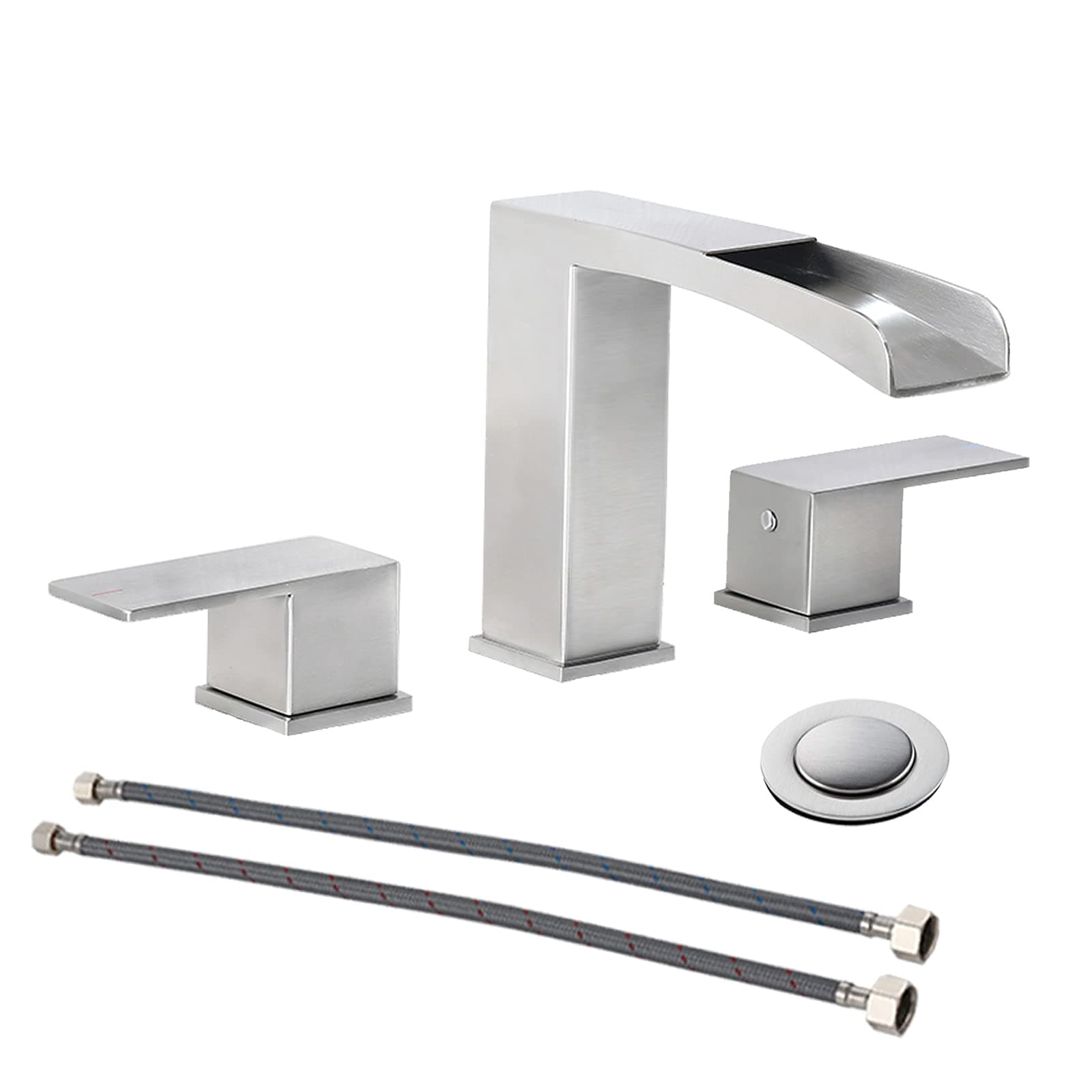 phiestina 8-Inch Brushed Nickel 3 holes 2 handles waterfall Bathroom sink faucet, with Metal Pop Up Drain Assembly & cupc Water Supply Lines ,NS-WF002-1-BN