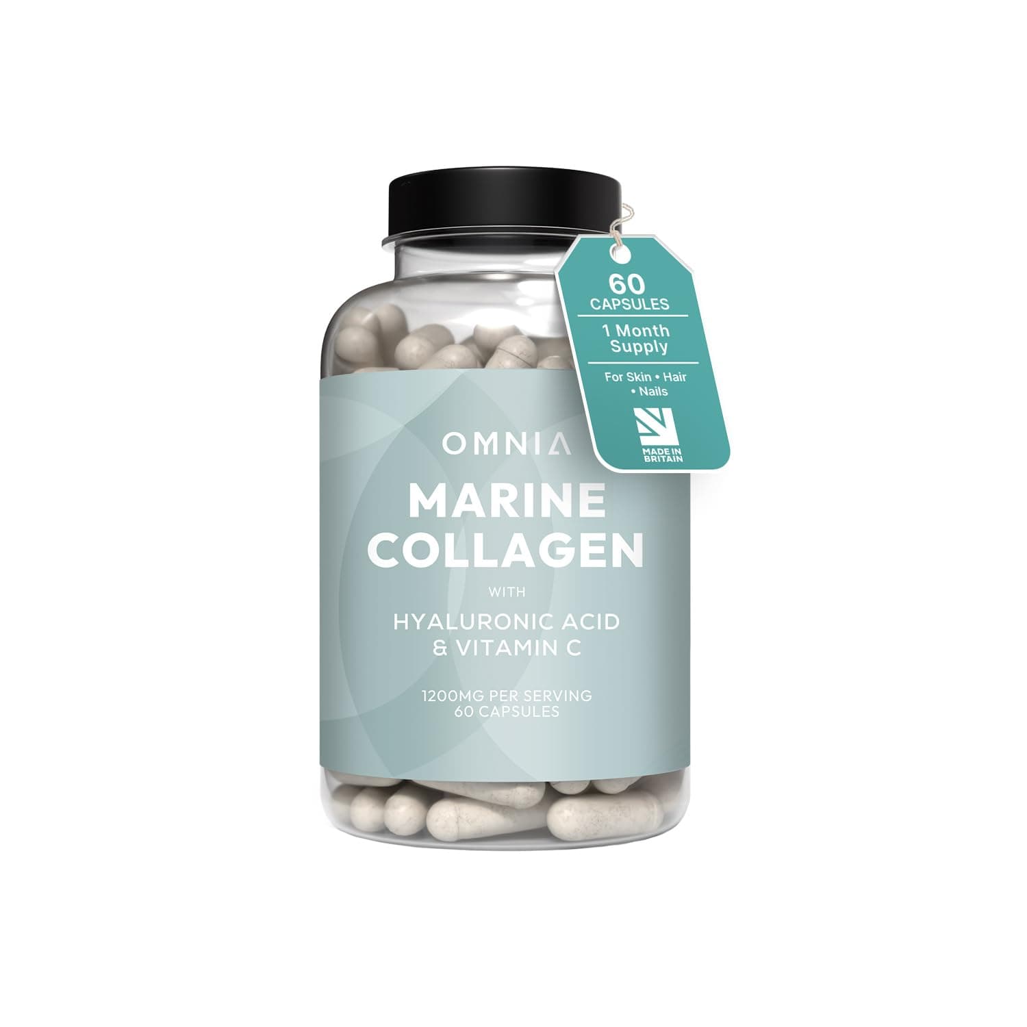 Marine Collagen Capsules 1200mg, Premium Skin, Hair & Nail Health Support for Women & Men, Enriched with Type I Collagen, Hyaluronic Acid & Vitamin C, High-Potency Formula, UK Made, 60 Capsules