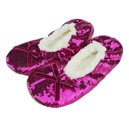 Zegee! Ballerina Bling Metallic Shine Frenulum Butterfly Knot Womens Cozy Sequin Slippers (L 9-10, Magenta)