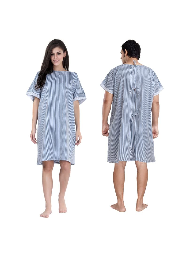 PIU Hospital Patient Care Centre Open OT Gown | Poly Cotton Comfortable Patient Wear for Men and Women | Both Side Wearable | Blue Lines | Free Size Fits Upto 4XL
