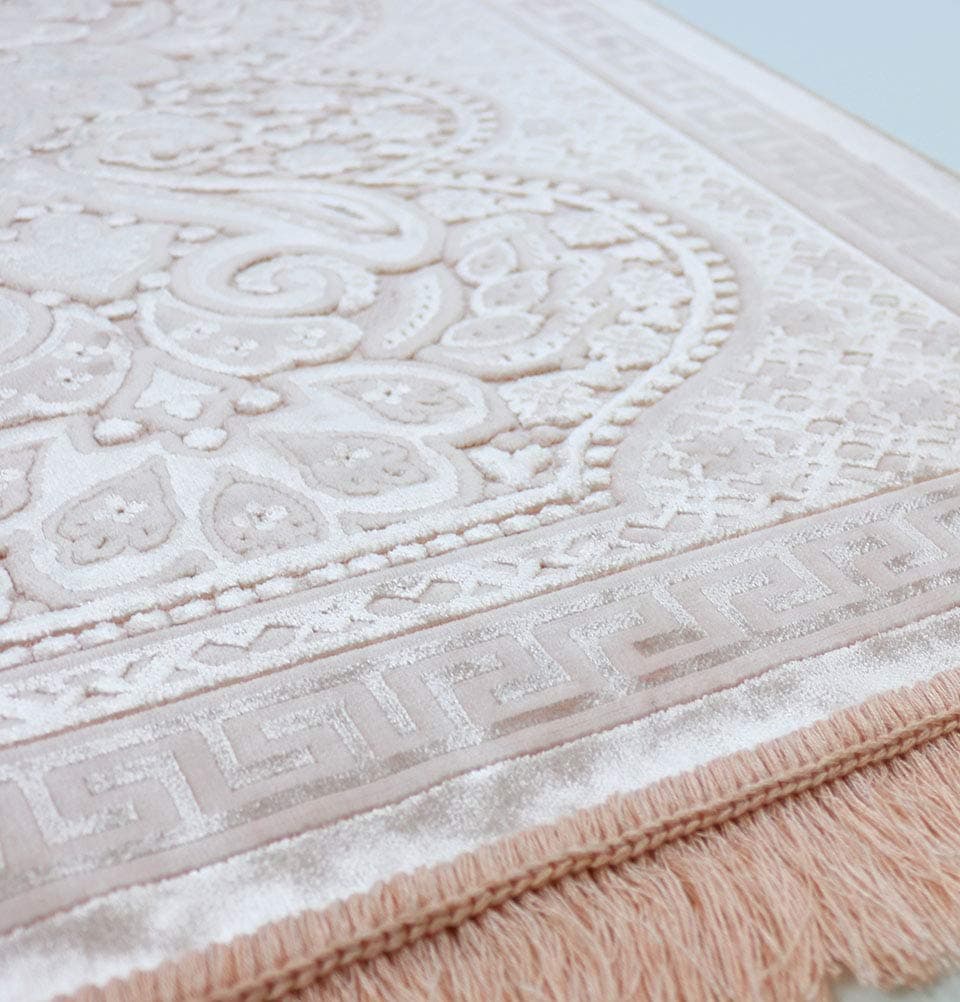 Velvet Islamic Prayer Rug with Prayer Beads Turkish Janamaz Sajadah Floral Luxury Plush (Blush Pink)