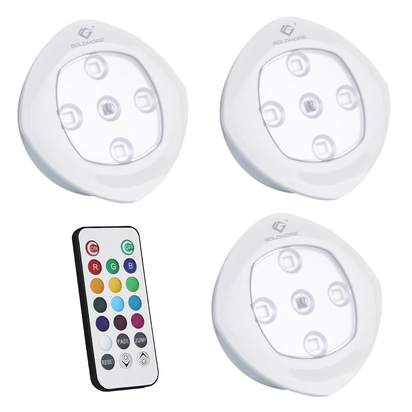 Puck Lights with Remote Control,Goldmore 3 Pack RGB Color Changing Push Light-Battery Operated Tap Light Under-Cabinet Lighting,Stick on Ambiance Lighting for Wedding Party Holiday