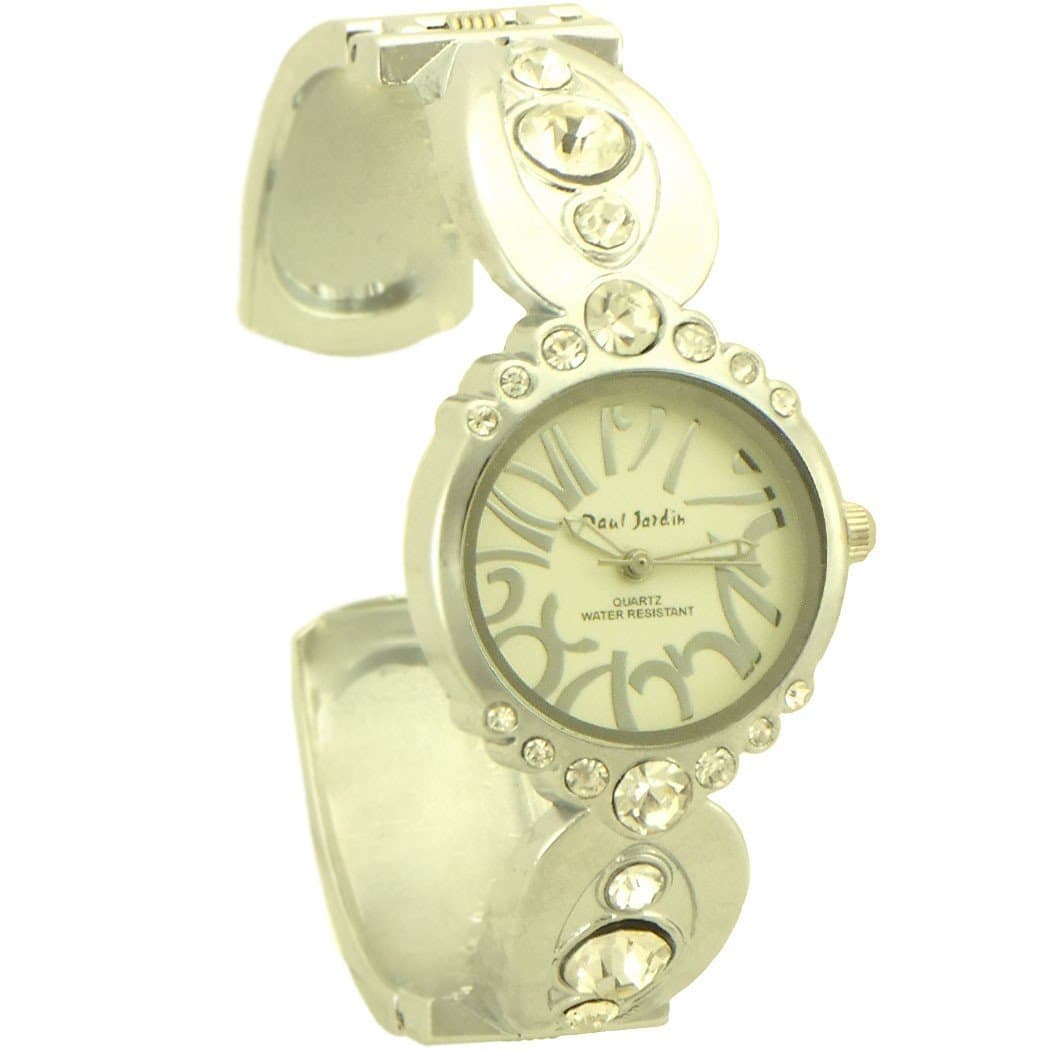 Paul Jardin Women's Rhinestone Adjustable Cuff Watch silver tone and off white dial - 4