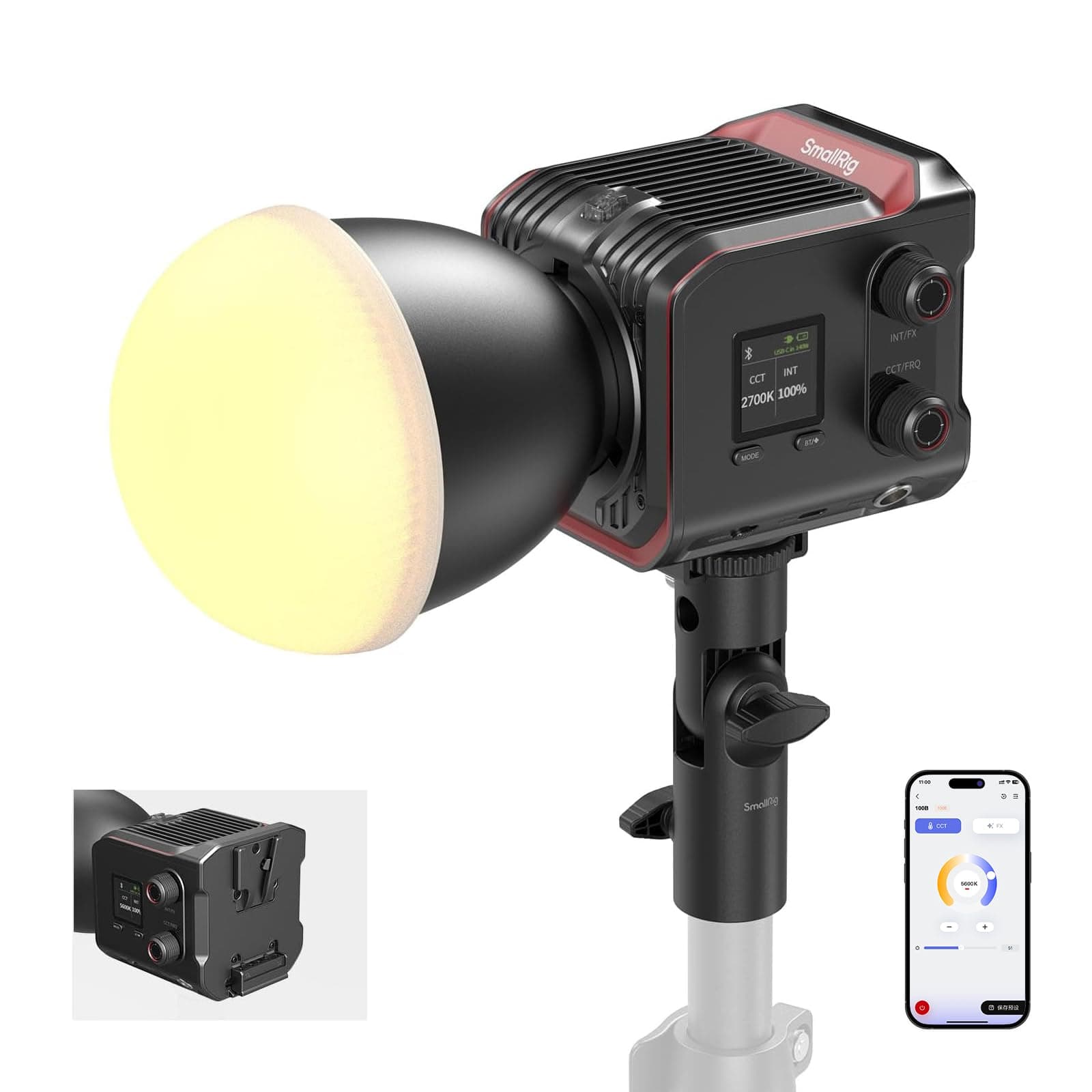 RC 100B COB Video Light, 100W Bi-Color 2700K-6500K, Type-C PD Fast Charging, Built-in Battery Plate, with App Control for Photography, Photo Studio, Standard Version (Without Battery) 4893
