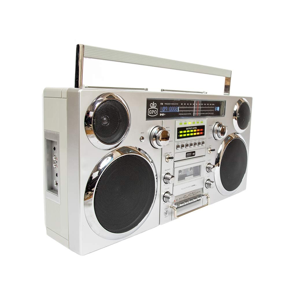 GPO Brooklyn 1980S-Style Portable Boombox - CD Player, Cassette Player, FM Radio, USB, Wireless Bluetooth Speaker - Silver