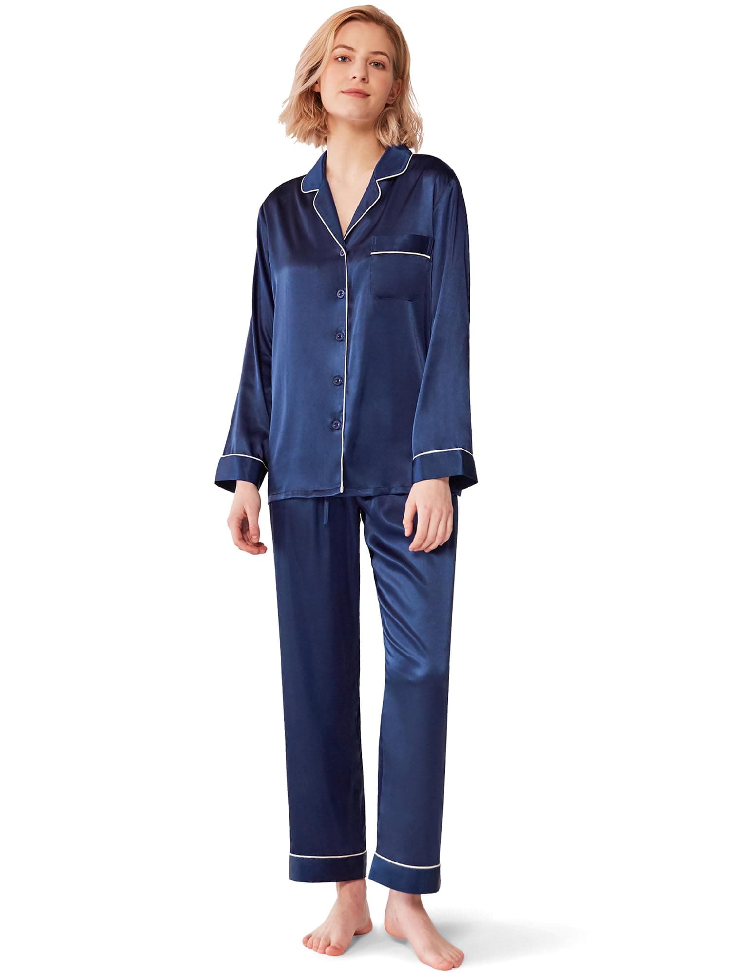 SIOROWomen's Silk Satin Pajamas Set, Ladies Short Sleeve Sleepwear Long Pants, Button Down Pj Sets S-XL