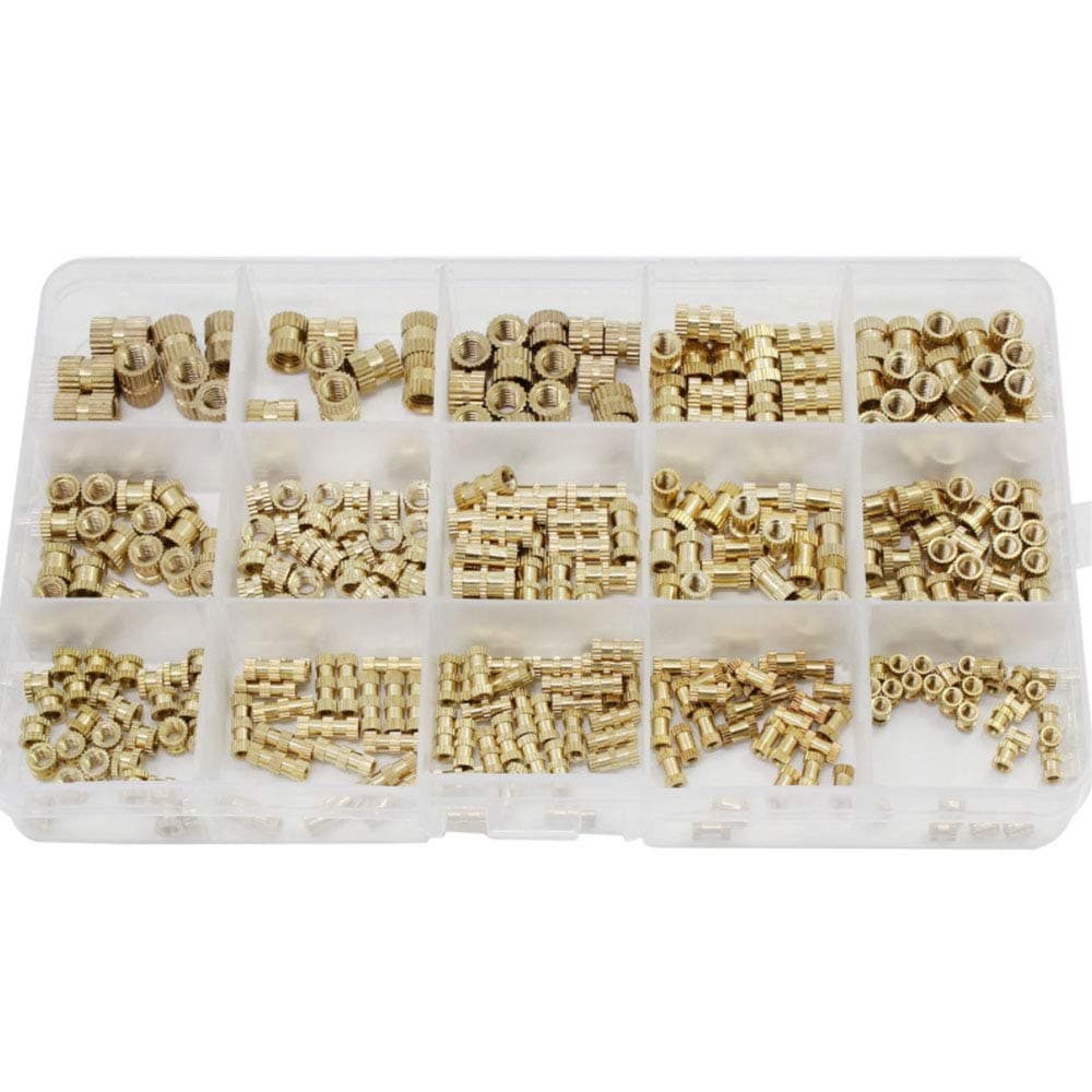 Knurled Nut, Metric Threaded Brass Knurl Round Insert Nuts Assortment Kit with Plastic Box Brass Cylinder Knurled Threaded Round Insert Embedded Nuts