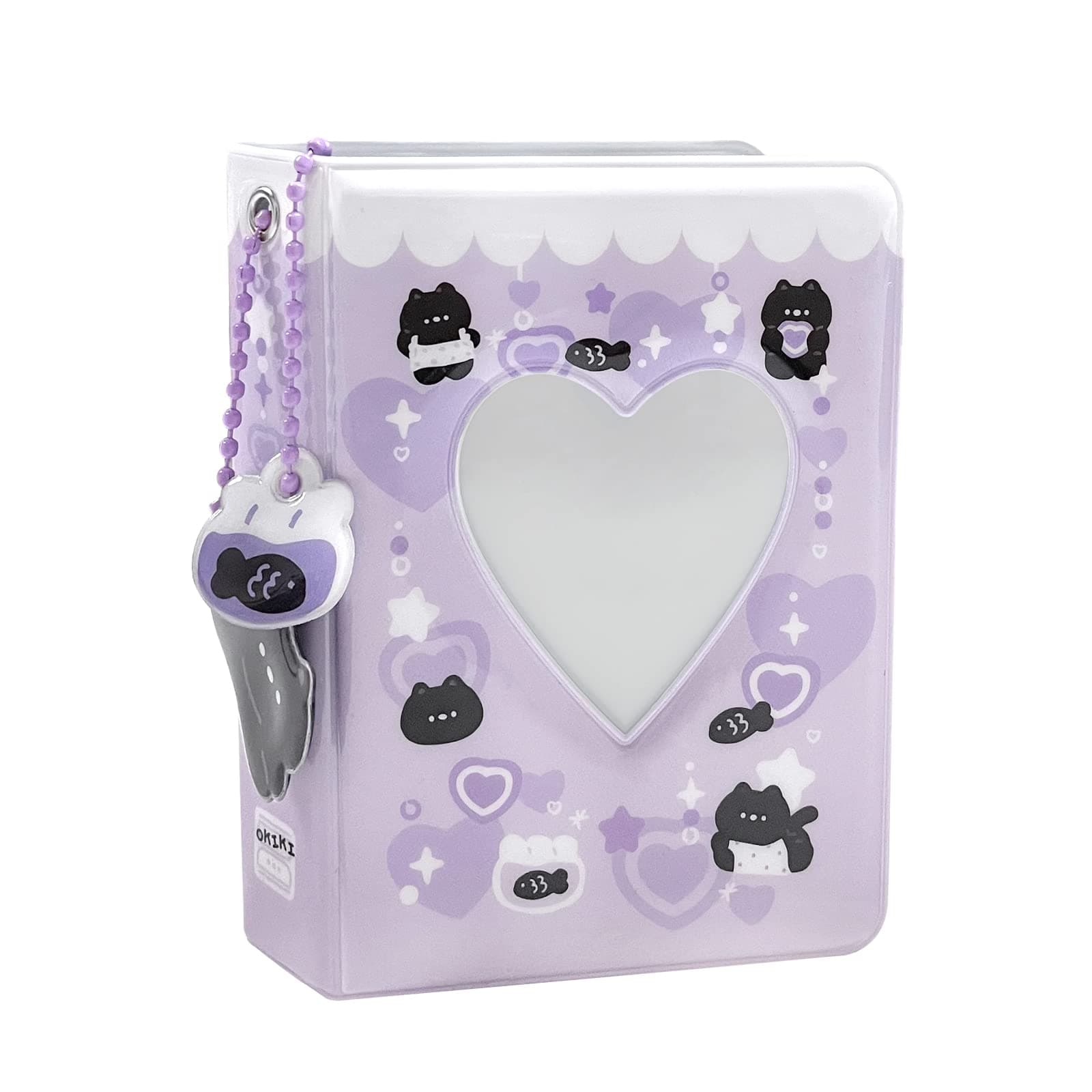 3 Inch Mini Photo Album, Heart Hollow Card Binder Photo Album Photo Card Holder with Pendant 40 Pockets (purple black cat)